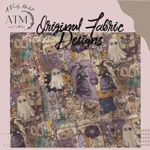 May include: A fabric print featuring a patchwork design of Halloween-themed illustrations including ghosts with button eyes, witches with cauldrons, skulls, pumpkins, and spellbooks in shades of purple, orange, and brown with black stitching details.