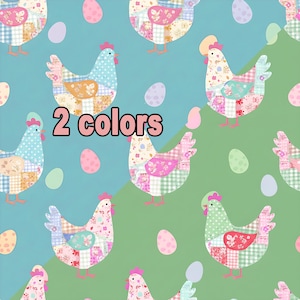 May include: A repeating pattern featuring patchwork chickens and Easter eggs in pastel colors. The text "2 colors" is displayed in a pink font. The background is divided diagonally, with a blue and green color scheme.