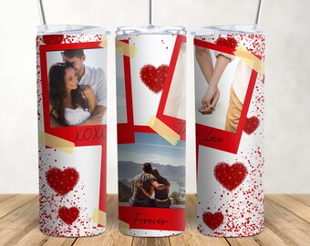 Custom Photo Red Glitter Hearts Tumbler Sublimation 20 oz Skinny Tumbler Seamless Png Couple Valentine Personalized Photo Anniversary Gift