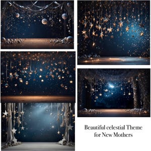 May include: Four digital backdrops featuring a celestial theme with stars, moons, and twinkling lights. The backdrops are perfect for newborn photography.