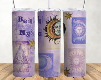 Celestial Spiritual Skinny Tumbler Sublimation Design Straight Pastel Sun and Moon Tumbler Wrap Tarot Card Digital Download 20ozs wrap