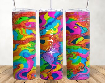 Retro Hippie Multi color Tumbler Wrap 20 oz Custom Name Skinny Tumbler PNG Seamless Psychedelic Sublimation Gift BFF  Girl Sister Rainbow