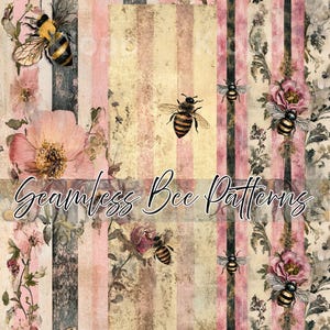 Seamless Bee and Flowers Repeating Pattern | Floral Seamless Printable Background Paper | Digital Junk Journal Pages | Scrapbook or Greeting