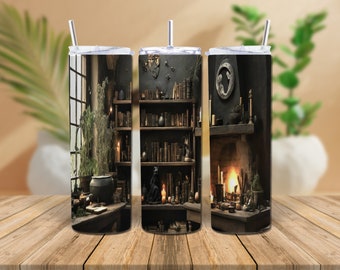 Witch Library Tumbler Wrap Design Gothic Office 20 oz Skinny Sublimation Seamless PNG Commercial Use Gift College Bff Teacher Mug Occult