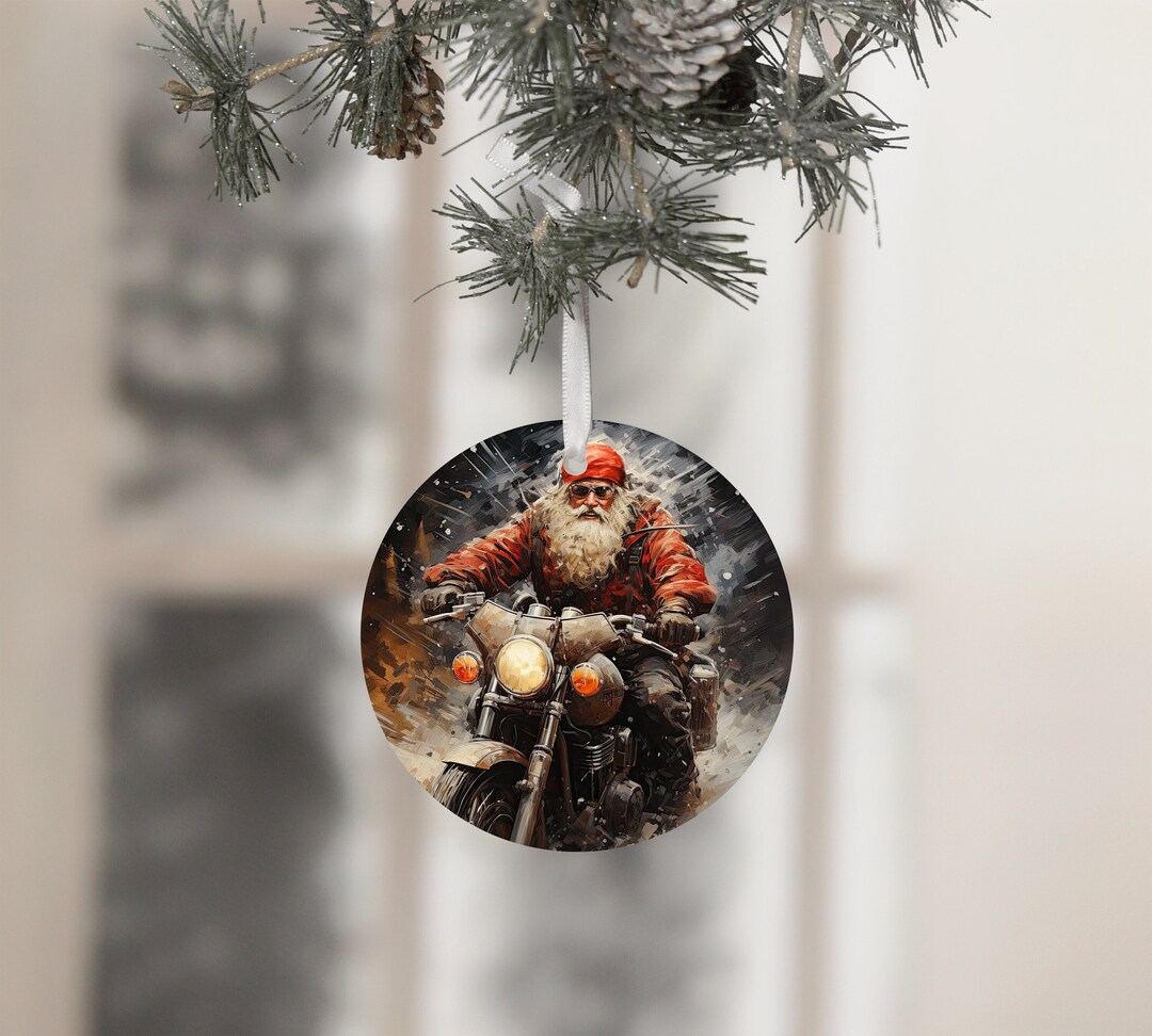 Watercolor Santa Motorcycle Christmas Ornament PNG, Retro Biker Santa