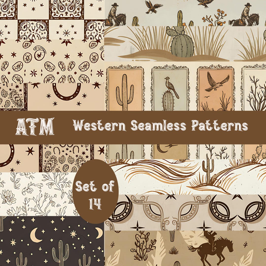 Modern Western Pattern Cowboy Western Seamless Patterns: Retro Print Bundle, Digital Download ...