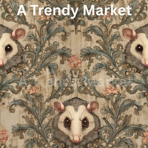 May include: A patterned design featuring opossums and ornate floral elements in shades of beige, green, and pink. The text "A Trendy Market" is displayed at the top of the image.