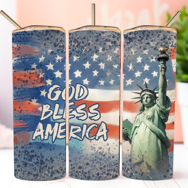 Rustic Americana JULY 4TH Tumbler Wrap Vintage Skinny 20oz Sublimation Design, God Bless America, Commercial Use Seamless Statue of Liberty