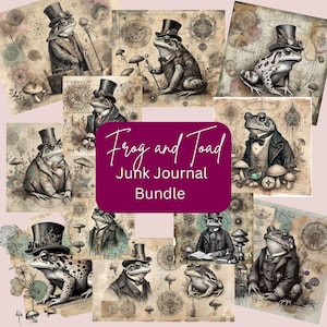 Könnte beinhalten: Ein Set mit 10 digitalen druckbaren Bildern mit skurrilen Illustrationen von Fröschen und Kröten, die Hüte und Kleidung tragen. Die Bilder sind perfekt für Junk Journaling, Scrapbooking oder Kartenherstellung. Der Text "Frog and Toad Junk Journal Bundle" wird in der Mitte des Bildes angezeigt.