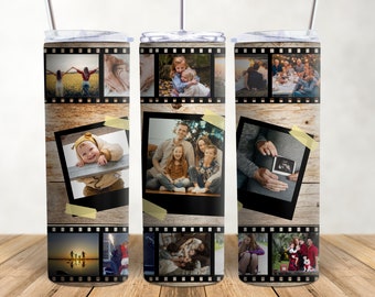 Vintage Filmstrip Photo Cup 20oz Skinny Tumbler Wrap Photo Grid Personalized Sublimation Design Seamless Picture Tumbler PNG Custom Vacation