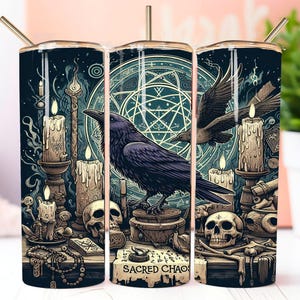 May include: Three stainless steel tumblers with a black raven, candles, and a pentagram design. The tumblers have the text "Sacred Chao" printed on the bottom.
