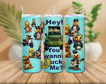 Teal Blue Rubber Duck Tumbler Wrap 20 oz Skinny Sublimation Seamless Design Funny Duck PNG Commercial Use Duck Me Beer 4 Wheeling Off Road