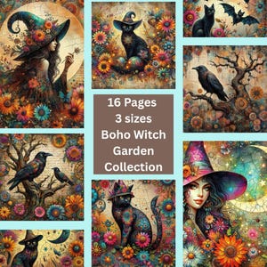 Boho Floral Witchy afdrukbare bundel, kat en kraai digitale download natuur ongewenste dagboek of plakboek achtergrondpapier, grillige kaartvoorraad
