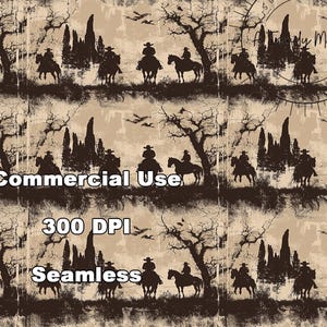 Puede incluir: Patrón sin costuras con siluetas de vaqueros a caballo, árboles y pájaros sobre un fondo beige texturizado. Las palabras "Commercial Use", "300 DPI" y "Seamless" se muestran en texto blanco.