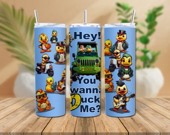 Rubber Duck Characters Tumbler Wrap 20 oz Guitarist and Biker Skinny Sublimation Seamless Design Fun Duck PNG Commercial Use Duck Me 4 Beer