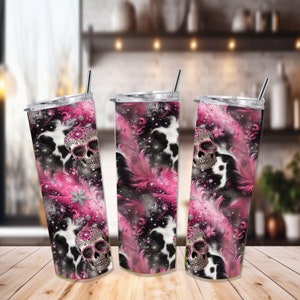 Pink Glitter Skull und Kuh Print Tumbler Wrap PNG Digitaler Download Kommerzielle Nutzung, Western Skinny Straight 20 Unzen Zuckerschädel Sparklecore PNG
