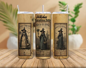 Vintage Witch Advertising Tumbler Wrap 20 oz Skinny Sublimation Seamless Design PNG Commercial Use Grunge AI Art Old Witches Do It Better