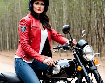 Leather jacket for beautiful woman in red