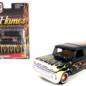 1965 Chevrolet Suburban Custom Matt Black with Flames Limited Edition to 3600 pieces Worldwide 1/64 Diecast Model Car by Auto World