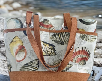 Large seashell tote bag, stand alone Beach bag, diaper bag, travel, pool, boating, shopping, hobby, utility, carry on, vacation