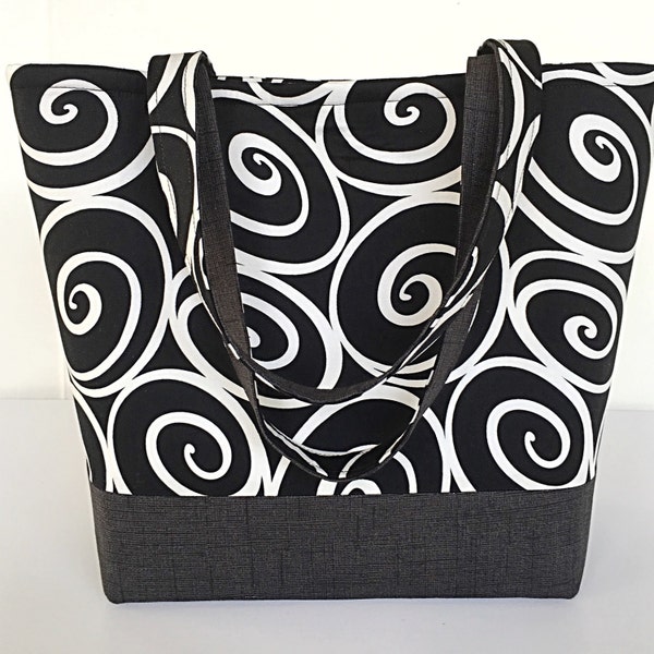 Large handbag, Large tote bag, Black and white, scrolls, Michael Miller, Ironworks, handbags, purses (219)