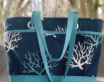 Large navy/turquoise Coral tote bag, Beach bag, diaper bag, travel, pool, boating, shopping, tote, coastal, hobby, carry on, vacation