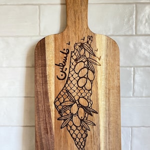 Map of Palestine Wood Cutting Board Laser Engraved with Kuffiyeh Print, Olive Branches and Arabic