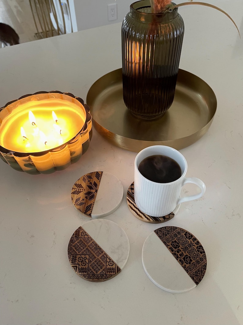Tatreez and Kuffiyeh Design Marble and Wood Coasters Palestinian Decor ...