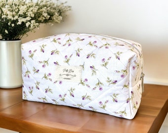 Trousse de toilette imprimée fleurs violettes % 100 coton trousse à cosmétiques demoiselle d'honneur cadeau d'honneur trousse de maquillage femme trousse de voyage trousse à collation pochette trousse de maquillage