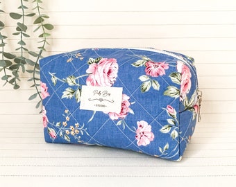 Trousse de toilette bleue à imprimé fleurs, 100 % coton, trousse de maquillage, trousse à cosmétiques, cadeau d'honneur pour demoiselle d'honneur, trousse de voyage pour femme, trousse à collation, trousse de maquillage