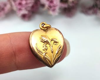 Antique French Gold-Filled Heart Pendant, Iris Motif, Belle Époque 1911 Design, Sentimental Heart Charm