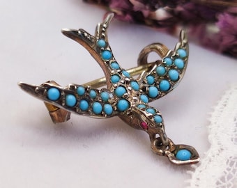 Antique Silver Swallow Brooch: Victorian Turquoise Bird Pin with Heart, 19th Century
