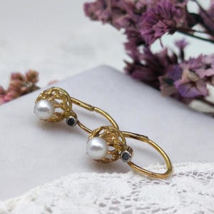 18k Gold Antique French Earrings Dormeuses, Pearls, Diamonds. Belle Époque, Art Nouveau. Vintage Wedding, Romantic Jewelry, Meaningful Gift