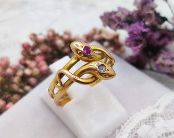 18K Gold Antique French Snake Ring, Ruby, Diamond. Art Nouveau, Symbol Eternity&Transformation, Vintage Wedding, Love Token, Meaningful Gift