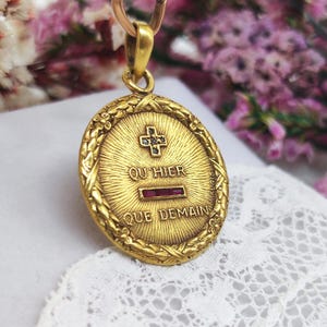 18k Gold Antique French Pendant. Rubies, Diamonds, 6g. Love Confession, Augis Love Medal "Love You More than Yesterday, Less than Tomorrow"