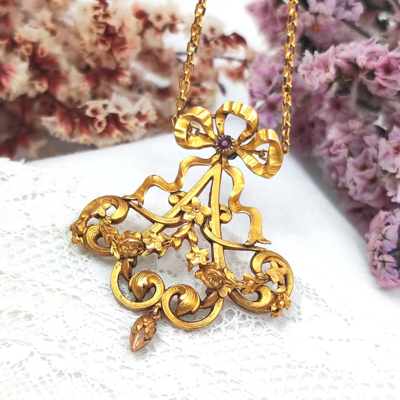 Rare Antique French Gold-Filled Pendant Ruby: Belle Époque Love Token, Floral Garlands, c.1900-1915 image 3