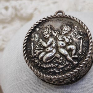 1890-1910 Solid Silver Box Pendant with Cherubs, Delightfully Detailed Work  Old Austria/Germany. Gilding, Hallmarks, Rare. Gift for bride