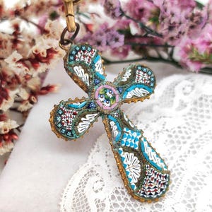 Antique Italian Micromosaic Cross Pendant. Grand Tour Religious Jewelry. Symbol of Faith and Craftsmanship. Catholic Meaningful Gift