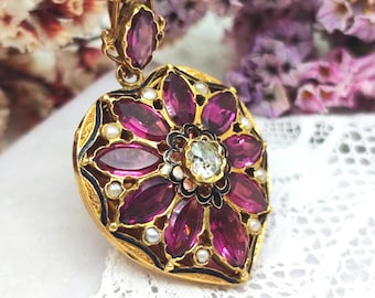 Antique 18k Gold Heart Locket: Garnets, Pearls, Diamond, Enamel. Engraved Marthe 1854, Belle Époque