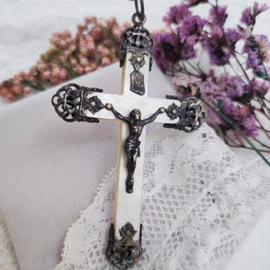 1890-1910 Antique French Silver&Mother of Pearl Crucifix. Detailed Religious Pendant. Victorian Era. Gift for Him or Her, Spiritual Talisman