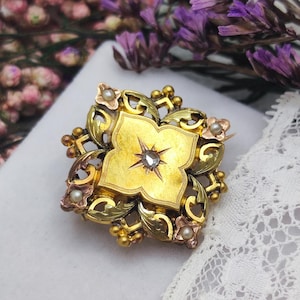 18K Gold, Diamond, Pearls. Antique French Brooch. Art Nouveau, Belle Époque. Floral Motif. Love Talisman, Vintage Wedding, Jewelry for Bride