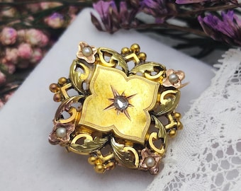 18K Gold Antique French Brooch: Diamond, Pearl, Art Nouveau Floral Pin, Love Talisman