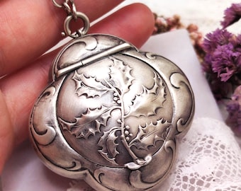 Antique French Silver Compact Pendant: Art Nouveau Holly Locket (1890-1910)