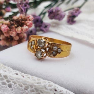 18k Gold Antique French Toi et Moi (You&Me) Ring. Size 52, Rose-Cut Diamonds, Pearls, 19th Century, Engagement, Love Token, Vintage Wedding