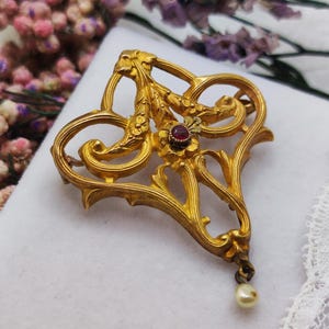 18K Gold Antique French Pendant-Brooch, Art Nouveau, Belle Époque. Floral, Ribbon Motif. Love Talisman, Vintage Wedding, Jewelry for Bride