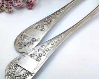 Antique Ercuis Silver Plated Spoon & Fork Set: Lily of the Valley Rare Pattern,  Blank Cartouches