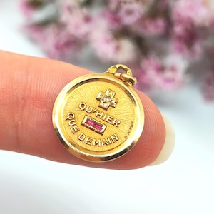 Vintage 18k Gold French Love Medal: Ruby "Qu'hier Que Demain" Pendant by Augis