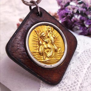 18k Gold & Silver Antique French Saint Christopher Pendant in Leather Frame. Protector of Travelers, Devotional Jewelry, Meaningful Gift