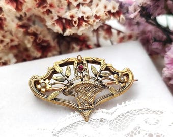 Antique Oria Gold-Filled Brooch Pendant: Art Nouveau Flower Basket, Pearls, Circa 1900