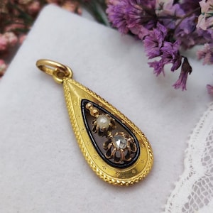 18k Gold Diamond Antique Pendant. Victorian Era, 19th Century, French Drop with Black Enamel, Pearl. Sentimental Jewelry, Meaningful Gift